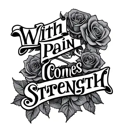 "With Pain Comes Strength" cross  and roses tattoo design idea