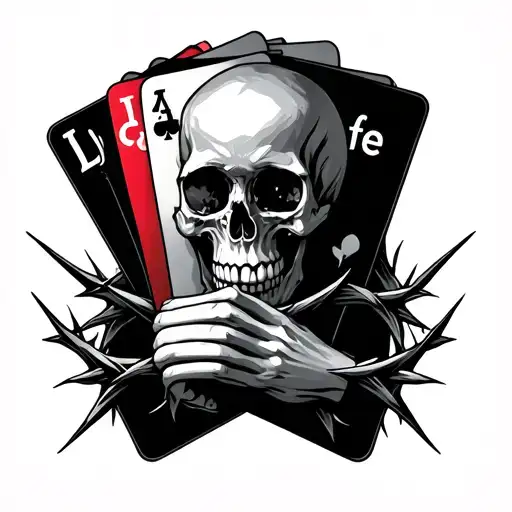 skull hand holding the four cards that spell out life with thorns wrapping around the back with shading tattoo design idea
