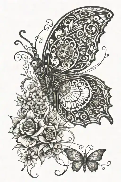 steampunk butterfly flying towards the finish line with little butterflies around and flowers  tattoo design idea