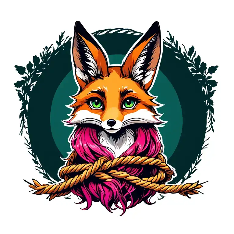 sexy cute cross fox vixen with dark green eyes and magenta tipped hair restrained with rope tattoo design idea