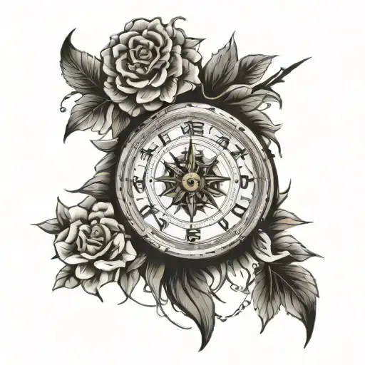 compass with clock tattoo design idea