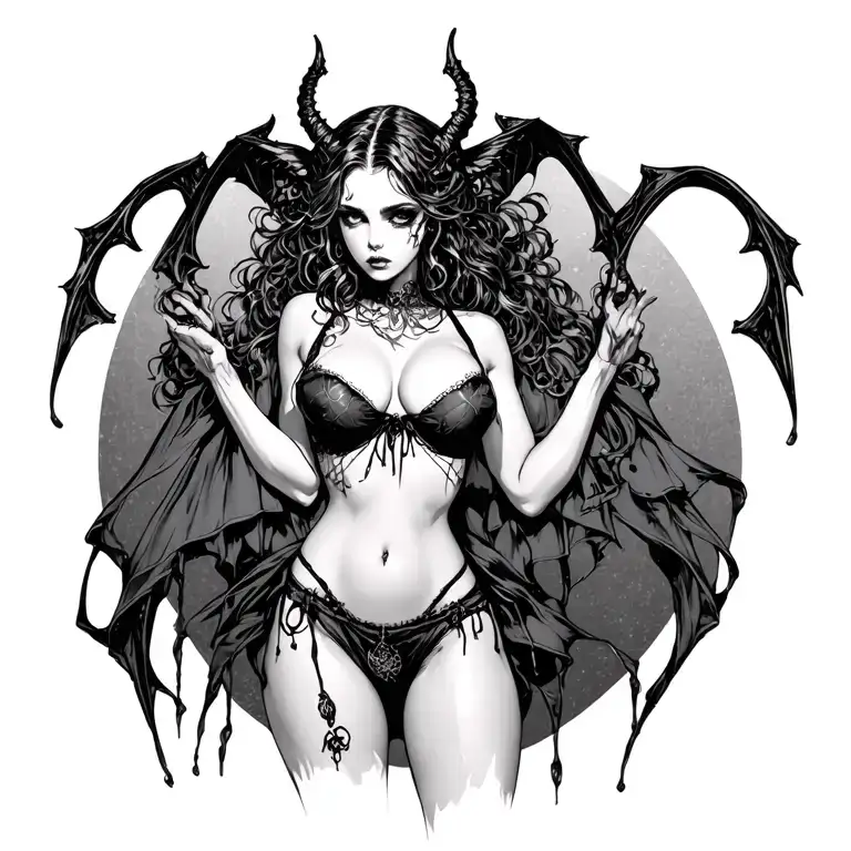 Gothic, Succubus, Big Boobs, G-String, Ripped Bra, G-String, Looking To Right, Sexual Pose tattoo design idea