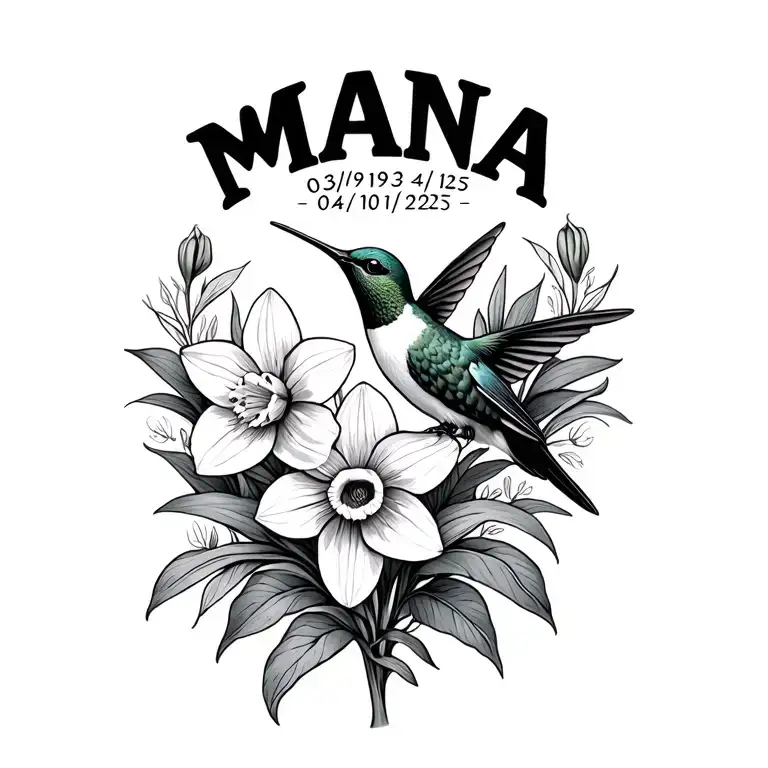 "03/19/1953 - 04/10/2025 Mana" hummingbird and daffodils tattoo design idea