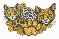 3 cat paw prints side by side. each paw print has different toes. first is tater tots, next pepperonis, last honeycombs. tattoo design idea