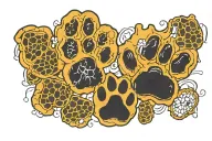3 cat paw prints side by side. each paw print has different toes. first is tater tots, next pepperonis, last honeycombs. tattoo design idea