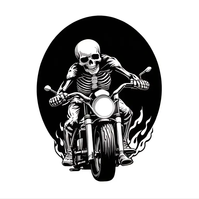 A skeleton riding a motorbike with flames coming off the wheels tattoo design idea