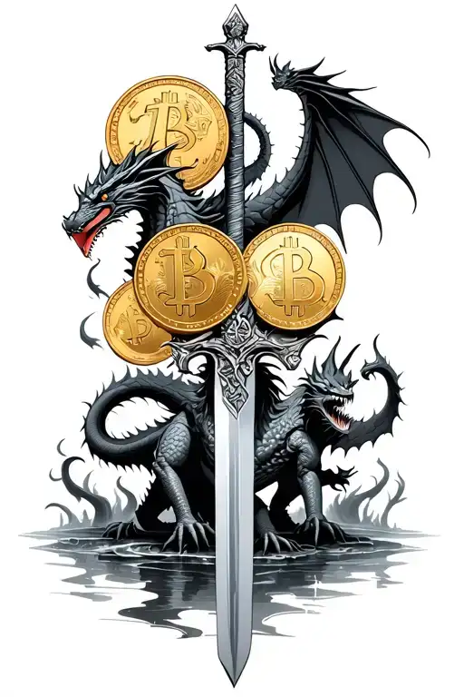 Gold coins on the top with a dragon and other monsters in it, have a sword and a swamp tattoo design idea
