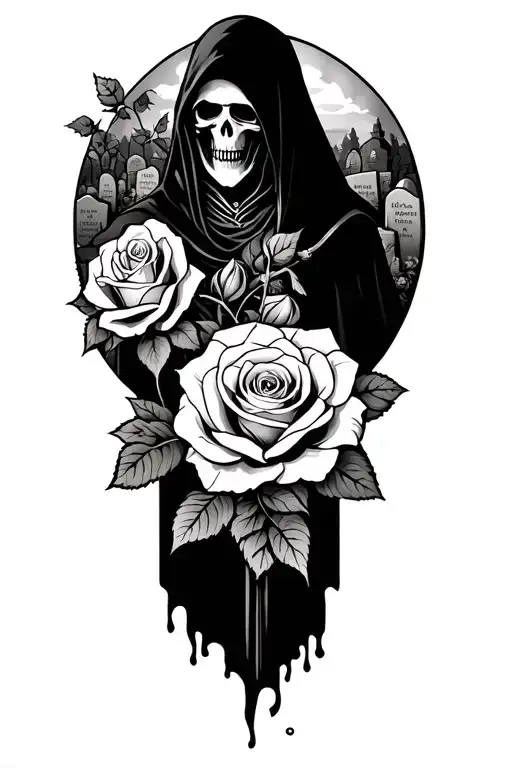 grim reaper and roses with a graveyard scene with tombstones tirbal  tattoo design idea