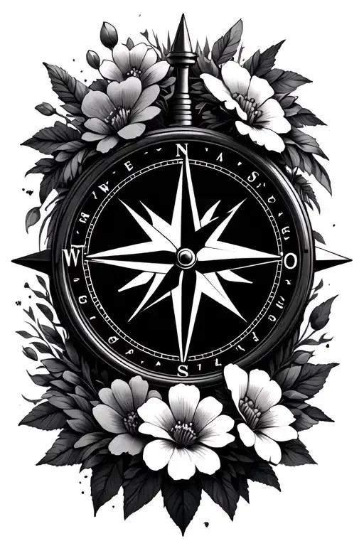 compass with flowers surrounding tattoo design idea