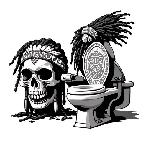 "Indigenous Plumbing " Native American skull with dreadlock fixing a toilet  tattoo design idea