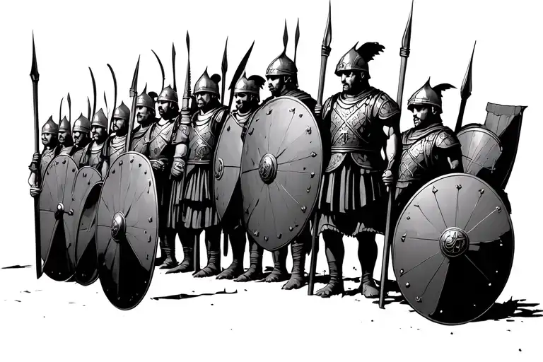 Roman soilders standing in a defensive line facing forwards towards audience holding spears and shields   tattoo design idea