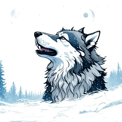 Snow wolf howling at the moon tattoo design idea
