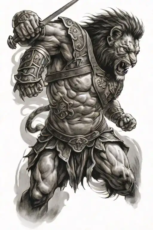 Gladiator fighting a Lion roaring tattoo design idea