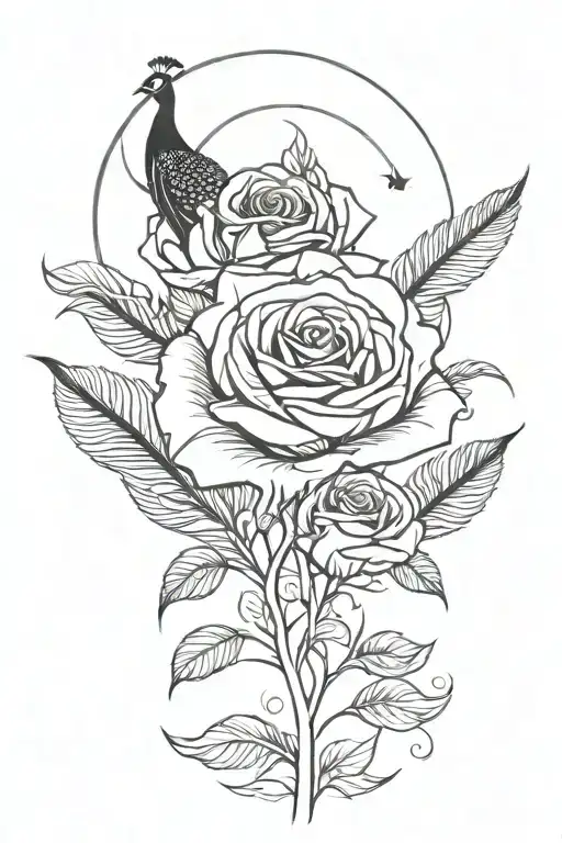 Rose with peacock feathers and the moon   tattoo design idea