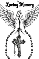 "In Loving Memory" Praying Hands, Rosary beads intertwined with cross, Wings, Realism, Rose tattoo design idea