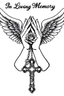 "In Loving Memory" Praying Hands, Rosary beads intertwined with cross, Wings, Realism, Rose tattoo design idea