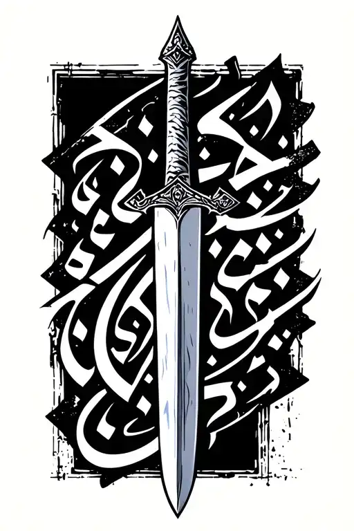 sword, arabic writing, farvahar symbol beneath tattoo design idea