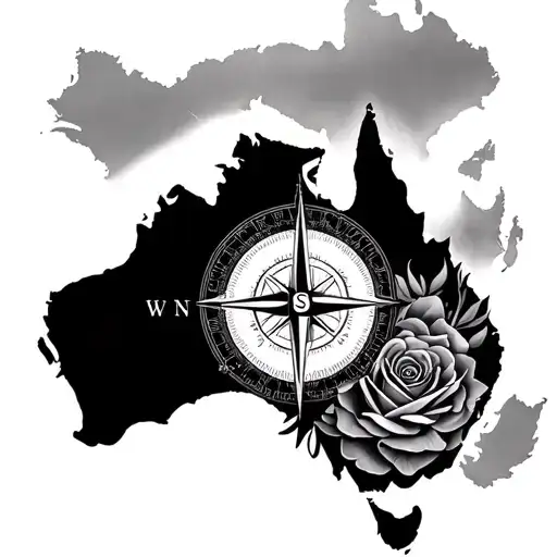compass map of Australian with rose  tattoo design idea