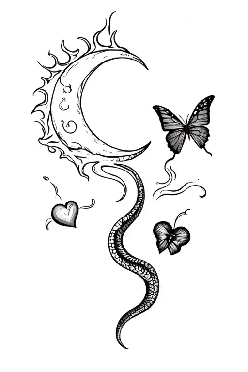 moon, snake, flame, heart, smoke, cross, butterfly, tattoo design idea