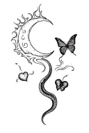 moon, snake, flame, heart, smoke, cross, butterfly, tattoo design idea