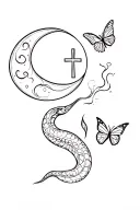 moon, snake, flame, heart, smoke, cross, butterfly, tattoo design idea