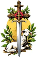 Cross tattoo made with a sword as the base of it and the cross t being a olive branch with a lamb laying at the base tattoo design idea