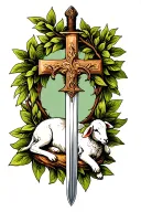 Cross tattoo made with a sword as the base of it and the cross t being a olive branch with a lamb laying at the base tattoo design idea