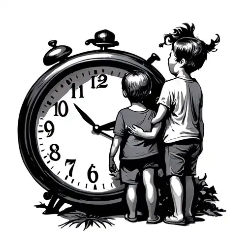 dad holding hands with two children with clock behind tattoo design idea