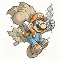 Create me a tattoo of Mario from the Nintendo series exploding through a brick wall with Pokémon, charmander, bulbasaur  tattoo design idea