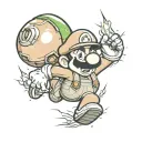 Create me a tattoo of Mario from the Nintendo series exploding through a brick wall with Pokémon, charmander, bulbasaur  tattoo design idea