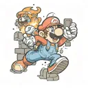 Create me a tattoo of Mario from the Nintendo series exploding through a brick wall with Pokémon, charmander, bulbasaur  tattoo design idea