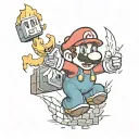 Create me a tattoo of Mario from the Nintendo series exploding through a brick wall with Pokémon, charmander, bulbasaur  tattoo design idea