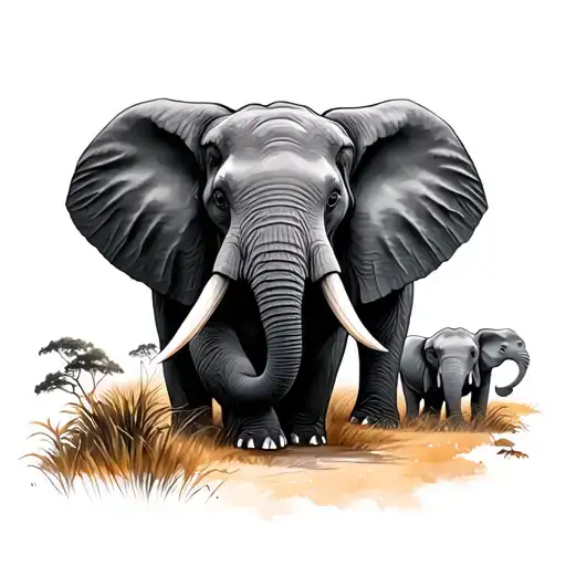 Three elephants with a Savana landscape tattoo design idea