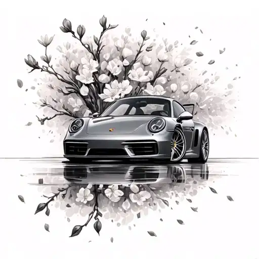 Porsche 911 with blossoms falling tattoo design idea