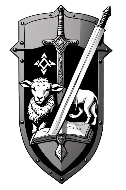 a shield with a sword and on the shield a Lamb, Lion, Bible, and a Jewish cross tattoo design idea