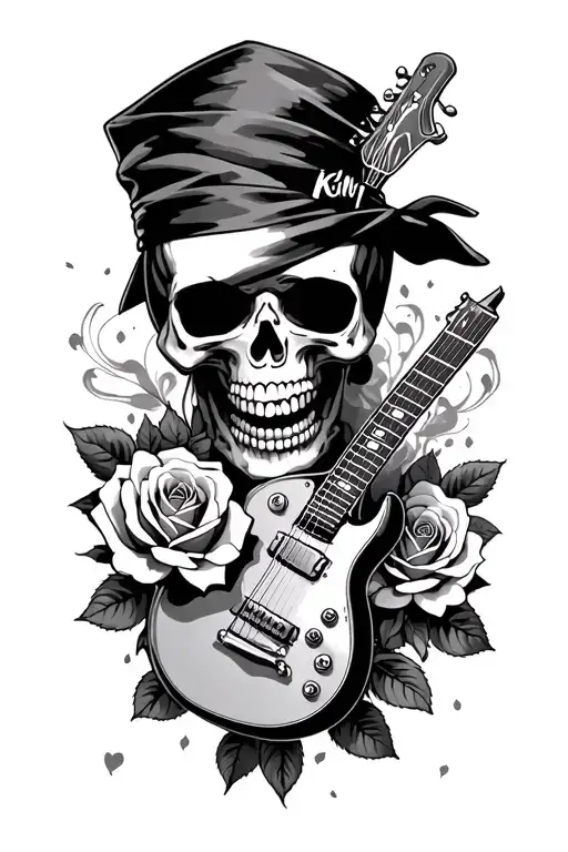 gun's n roses,  guitar small skullsx2,with bandana and slash top top guitar handle roses petals smoke rock styl tattoo design idea