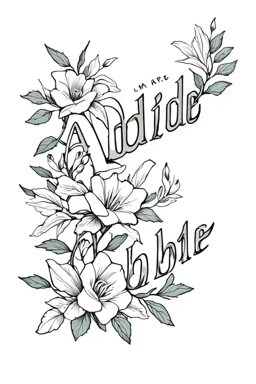 Fine line simple tattoo going down spine With word abide intertwined with olive branches and dainty roses and lillies  tattoo design idea