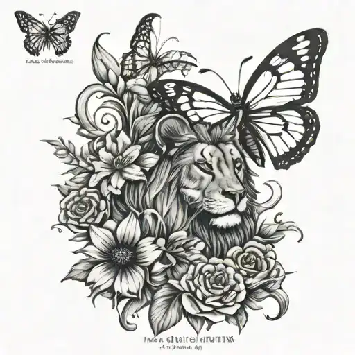 A forearm black and white tattoo of a butterfly, a bee, and a lion with Roman numeral 9.21.20 11.17.22 7.10.24 tattoo design idea