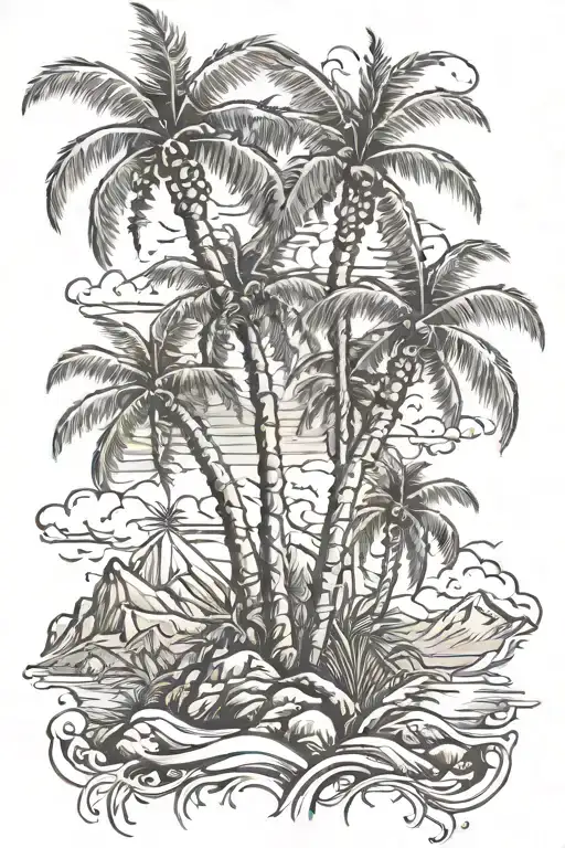 Palm trees and mountains tattoo design idea