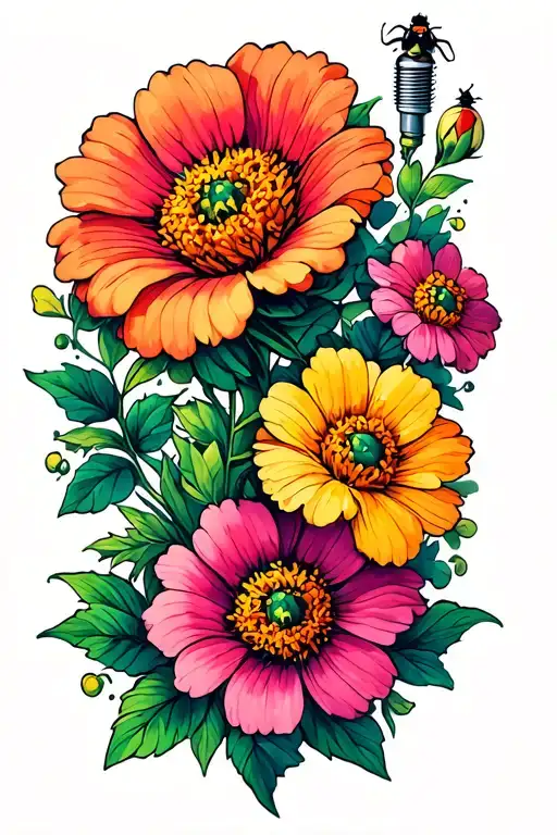 flowers with a small spark plug and a small bug tattoo design idea