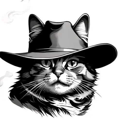 Cat with a cowboy hat smoking a cigarette tattoo design idea