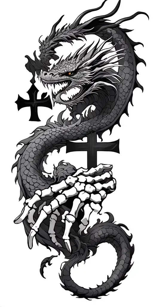 combine a japanese dragon, a cross, and a skeletal hand tattoo design idea