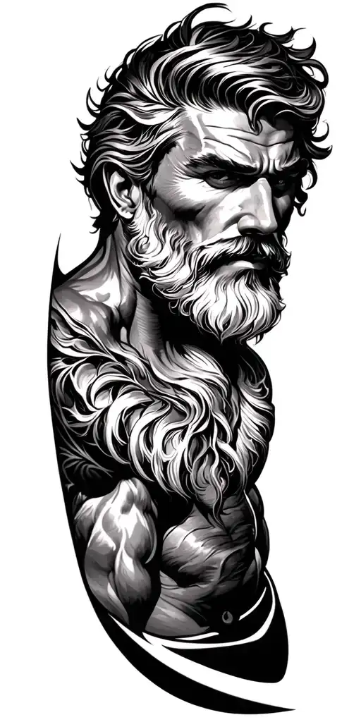 gay tattoo of a muscle man in his 50's with a gray/white beard tattoo design idea