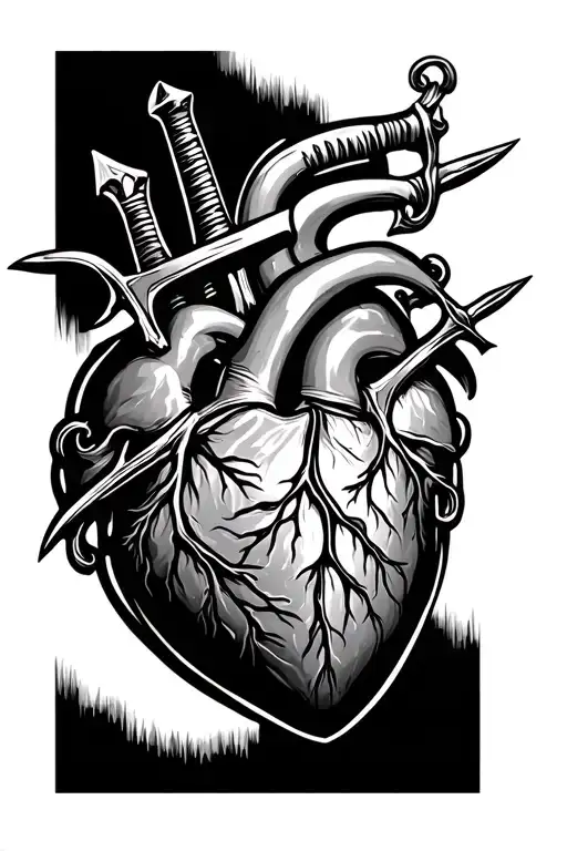 two swords through a human heart organ. light black and grey, detailed and fine line and dot shading.  tattoo design idea