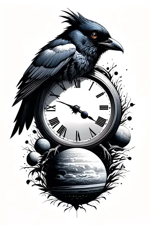 black start space, planets, time clock, crow tattoo design idea