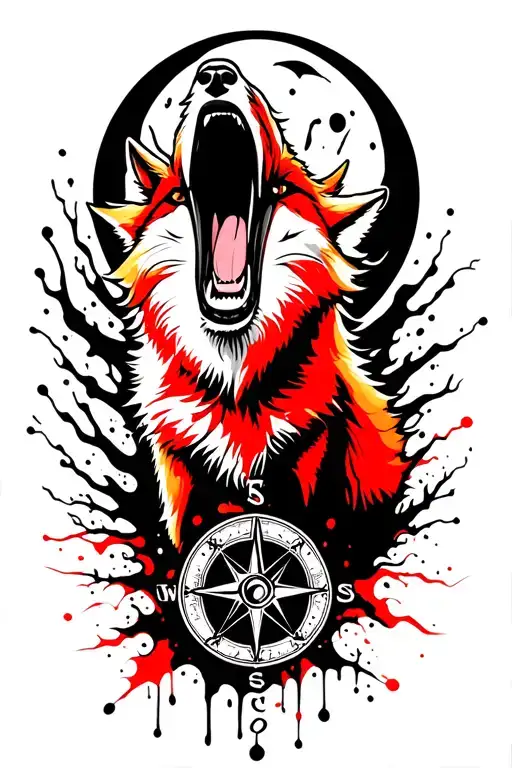 Angry ginger fox howling at the moon with the compass on it in burning forest tattoo design idea