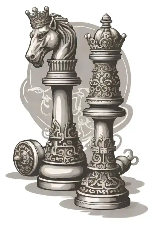 king chess piece with he's queen opposite with lock and key tattoo design idea