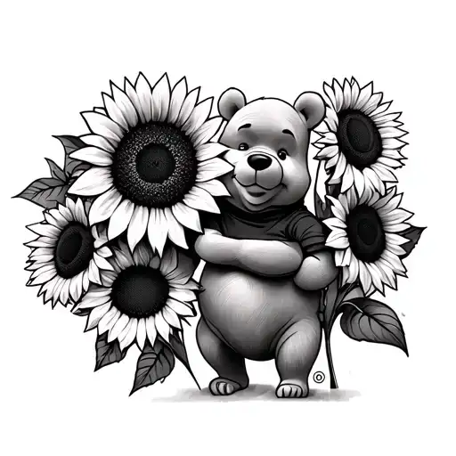 Winnie The Pooh with  sunflowers tattoo design idea