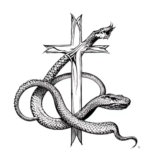 black and white drawing of a cross and a snake wrapped around it, leviathan cross tattoo design idea