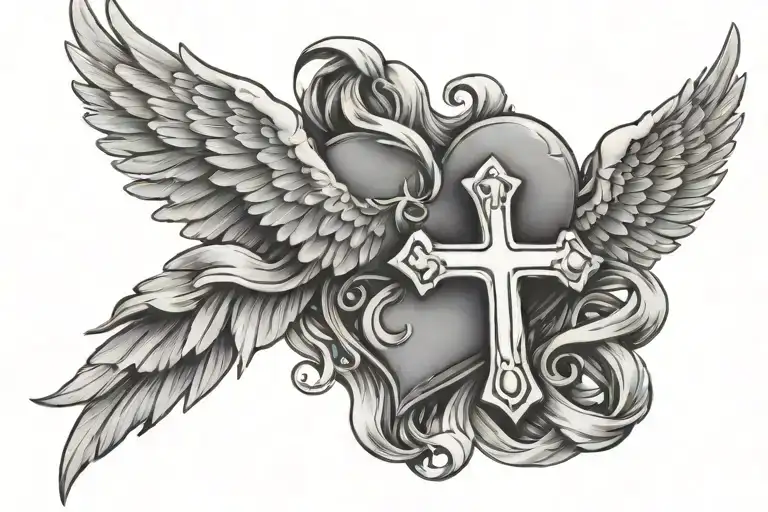 memorial tattoo heart, cross, angel wing tattoo design idea